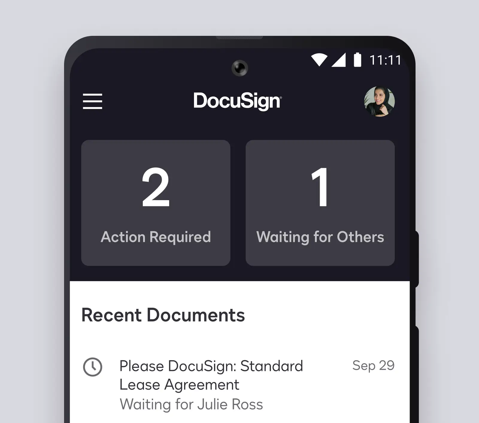 Phone screen showing DocuSign app with recent documents and required actions