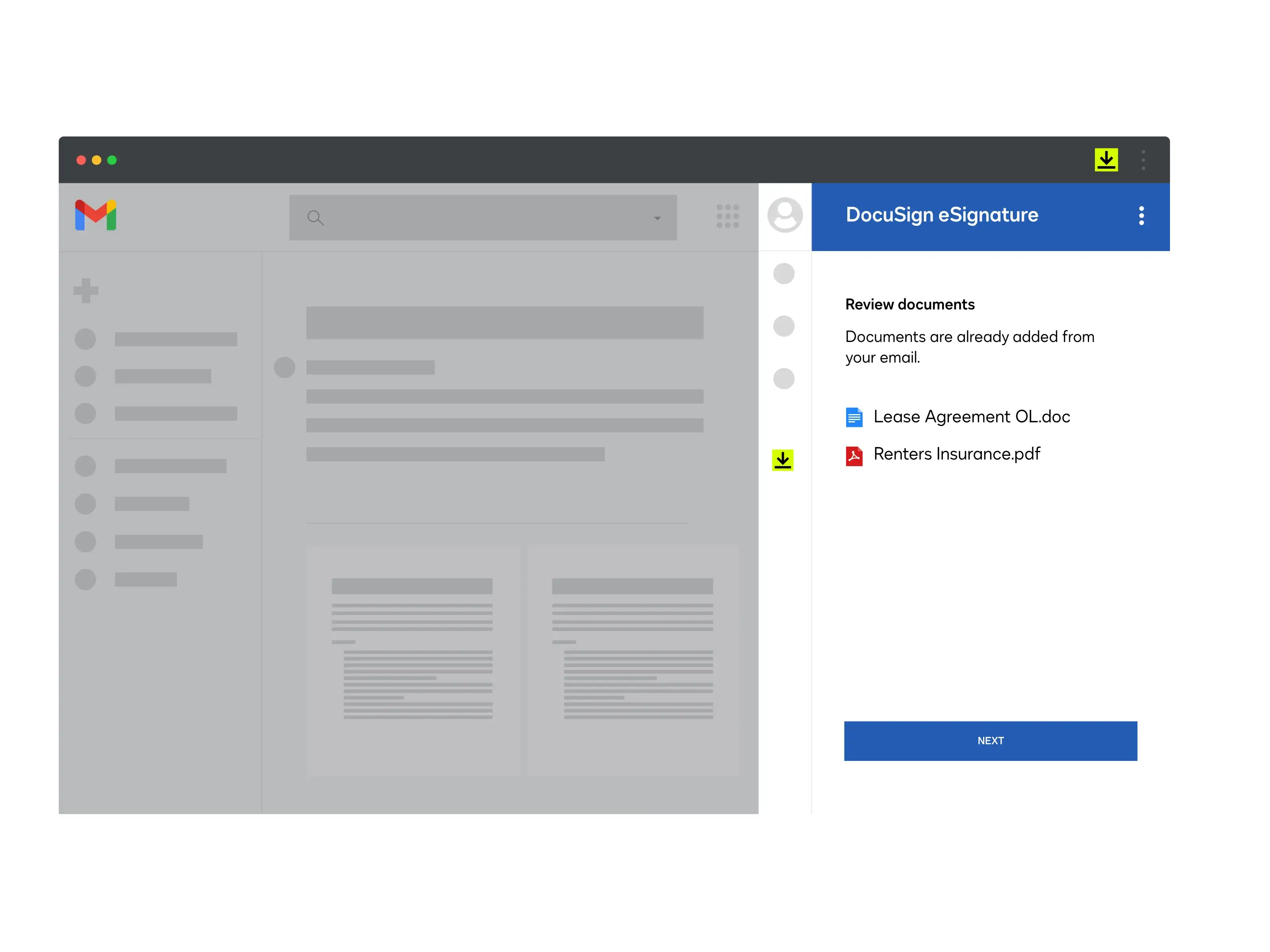 Gmail screen with DocuSign eSignature.