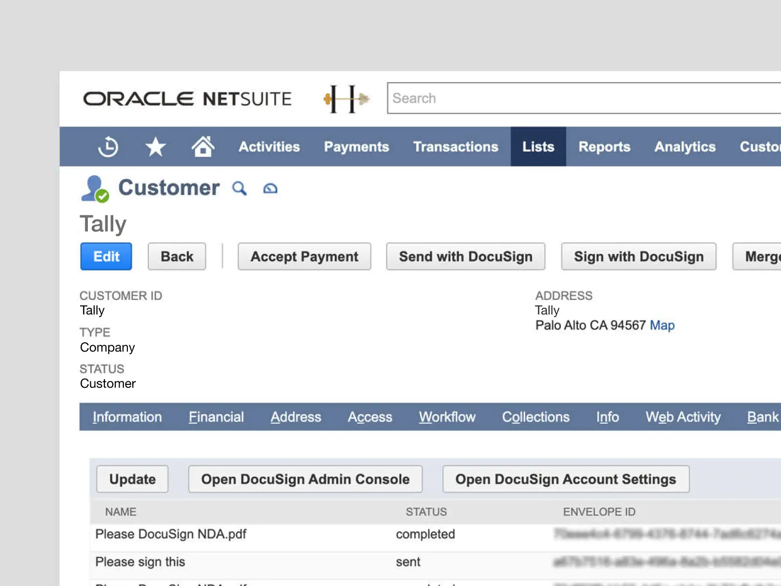 Desktop view of the eSignature for NetSuite application, showing a customer record with a custom button