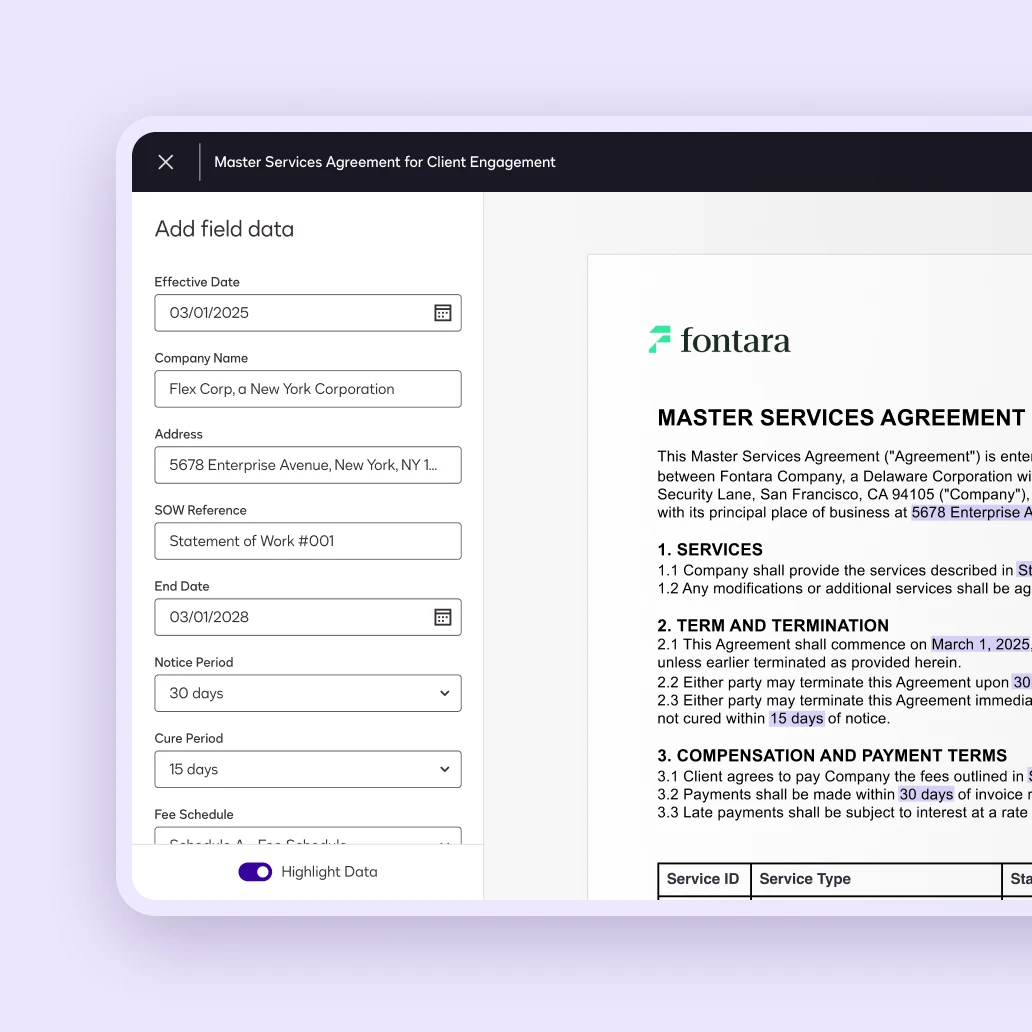 Docusign Agreement Preparation user interface for adding field data