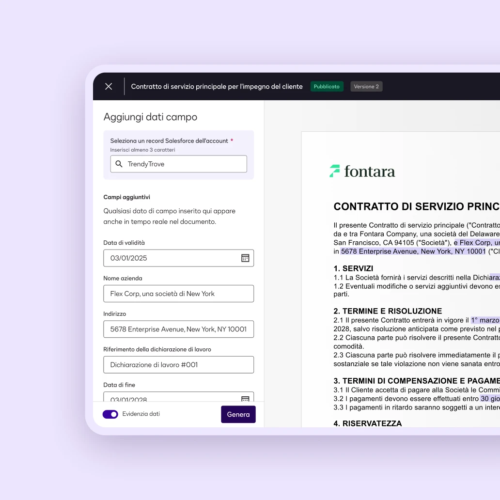 Interfaccia utente per la preparazione degli accordi Docusign per l'aggiunta di dati nei campi
