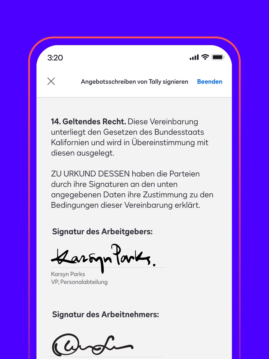 A phone screen shows an offer letter signed in Docusign eSignature.