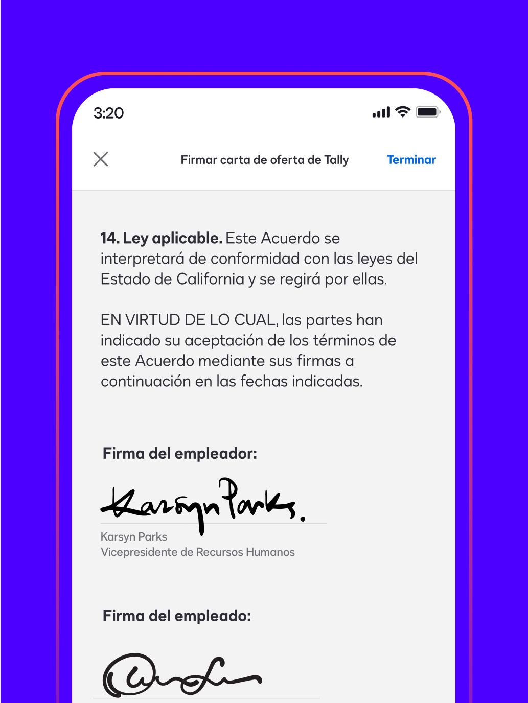 A phone screen shows an offer letter signed in Docusign eSignature.