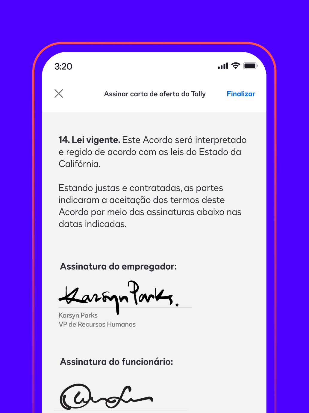 A phone screen shows an offer letter signed in Docusign eSignature.