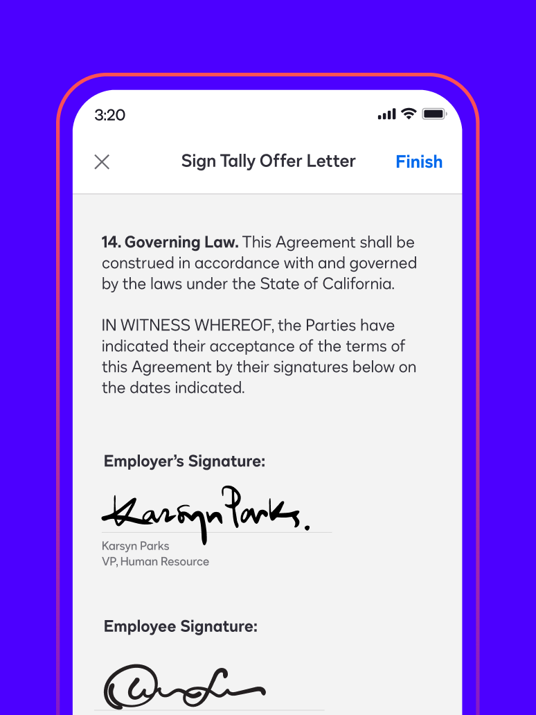 A phone screen shows an offer letter signed in Docusign eSignature.