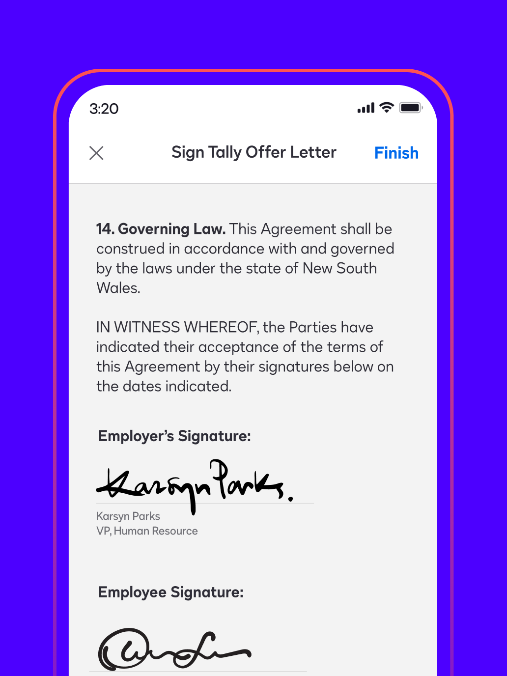 A phone screen shows an offer letter signed in Docusign eSignature.