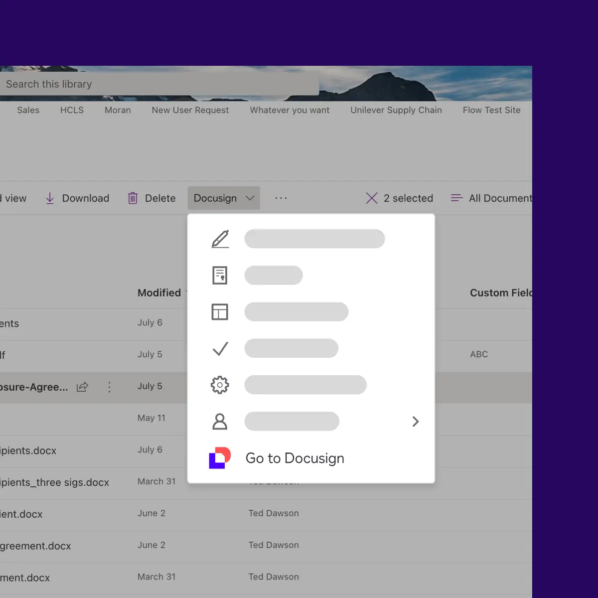 Capture d’écran de l’intégration de Microsoft SharePoint avec DocuSign