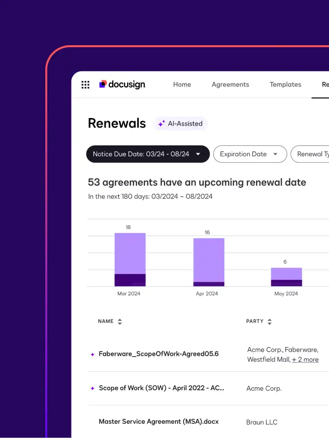 A renewals dashboard in Docusign Navigator shows a pie chart with agreements broken down by renewal type and a list of agreements.