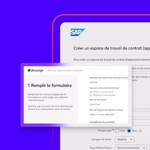 Screenshot of a contract creation form in Docusign, featuring fields for supplier and contract details on a purple background.