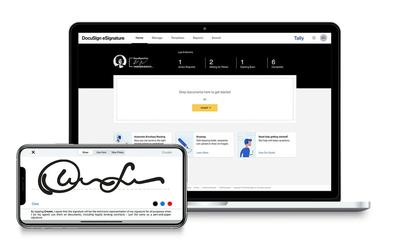 A phone showing a signaure in front of a laptop showing a home screen within DocuSign eSignature that prompts users to drop in documents to get started