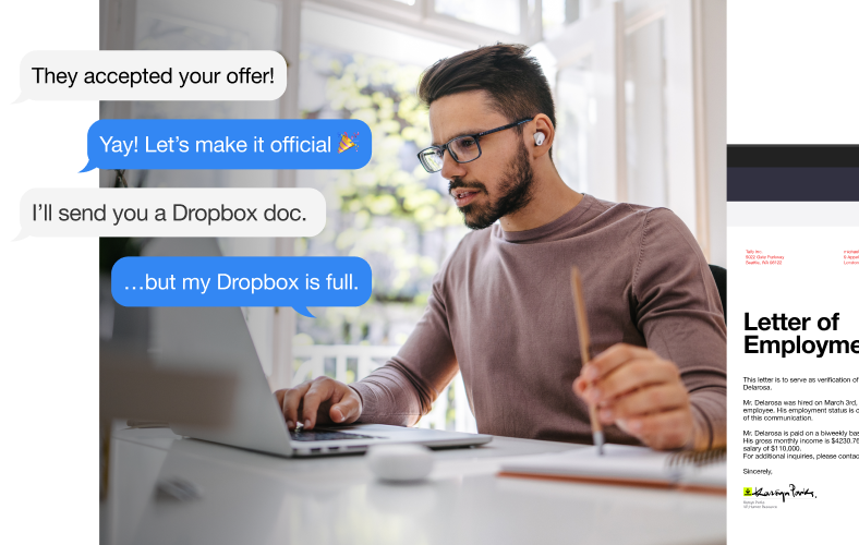 Text messages between two people that read “They accepted your offer!” “Yay! Let’s make it official” “I’ll send you a Dropbox doc,” “…but my Dropbox is full”