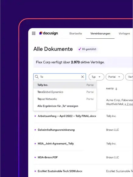 Auf einem Bildschirm in Docusign Navigator wird angezeigt, wie ein Nutzer einen Suchbegriff in die Suchleiste eingibt, um ein Dokument zu finden