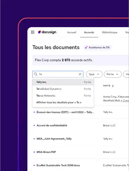 Un écran dans Docusign Navigator montre un utilisateur saisissant un terme de recherche dans la barre de recherche pour trouver un document