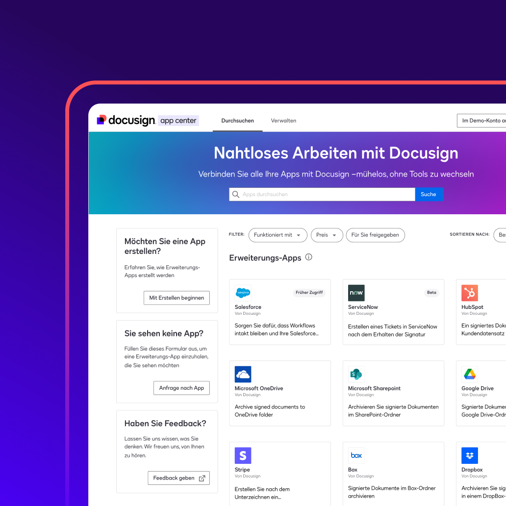 Ein Dashboard mit Erweiterungs-Apps mit ServiceNow, Salesforce, Vonage und mehr