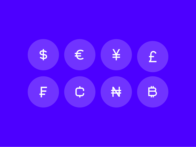Icons, die verschiedene Arten von Währungen zeigen