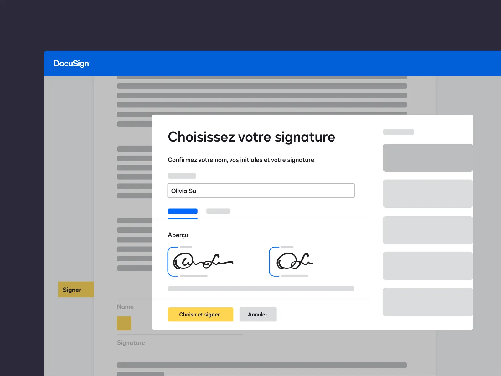 Document dans DocuSign avec une invitation destinée à l’utilisateur demandant la confirmation de la signature électronique.