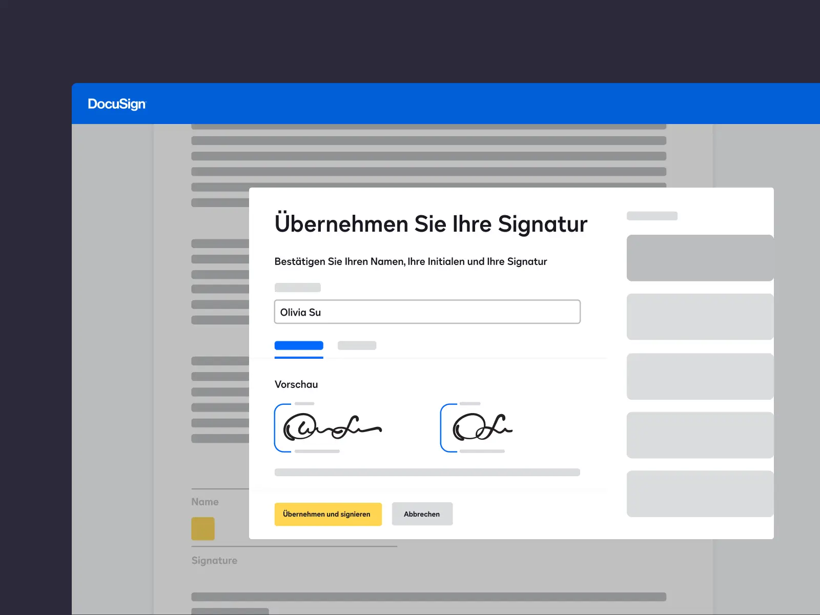 Dokument in DocuSign mit einer Aufforderung an den Benutzer, seine elektronische Signatur zu bestätigen.