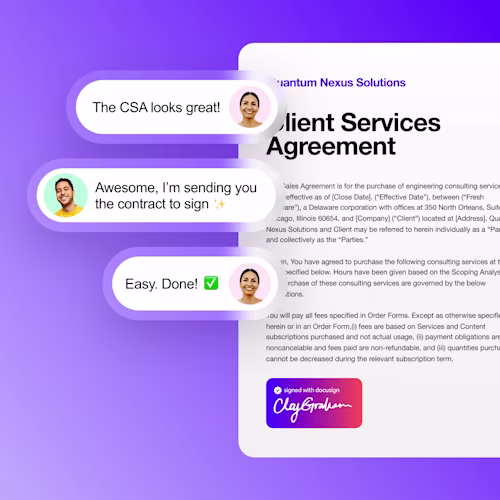 Docusign IAM for Sales user interface image shows people discussing signing a client services agreement