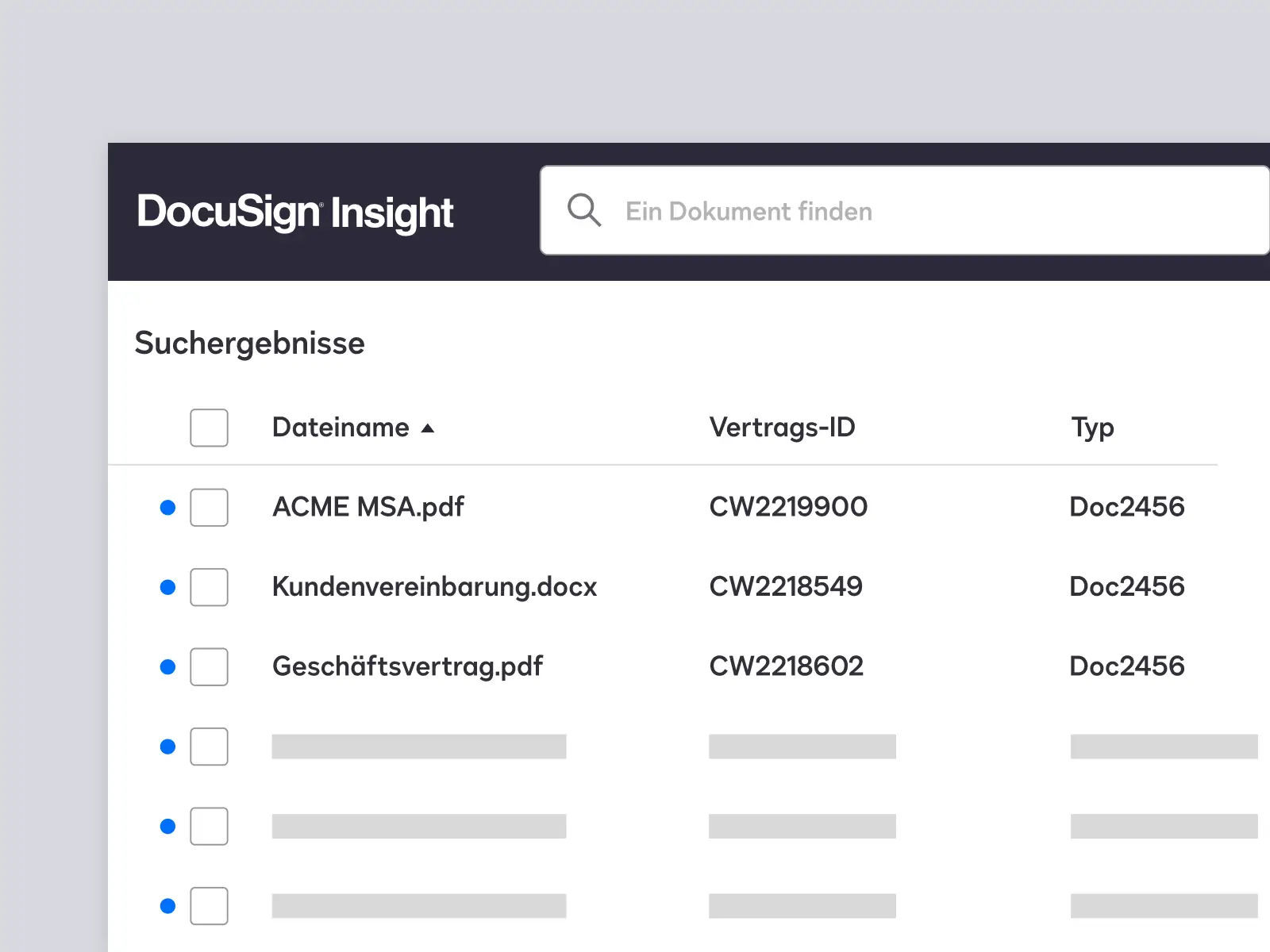 Screenshot des DocuSign Insight-Konnektors für SAP Ariba mit Suche und Spaltenüberschriften.