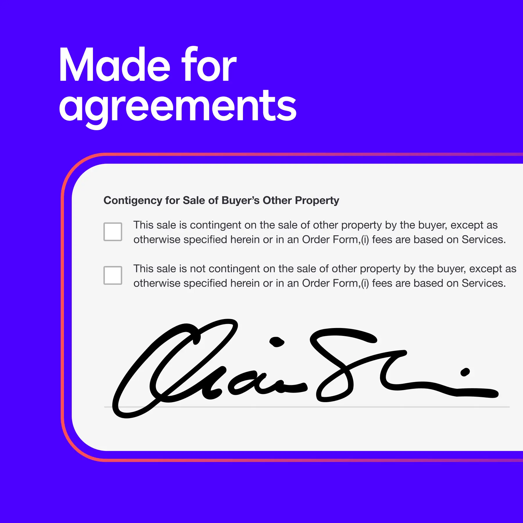 A phone screen showing a contingency form that was signed with Docusign eSignature, under text that says: Made for agreements