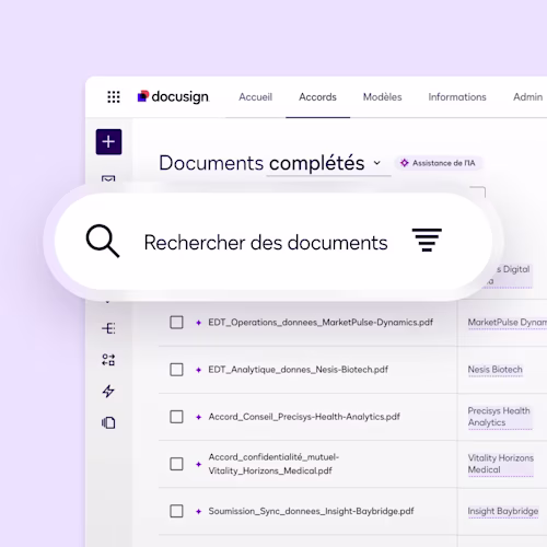 Interface utilisateur de Docusign Agreement Manager pour l'outil de recherche