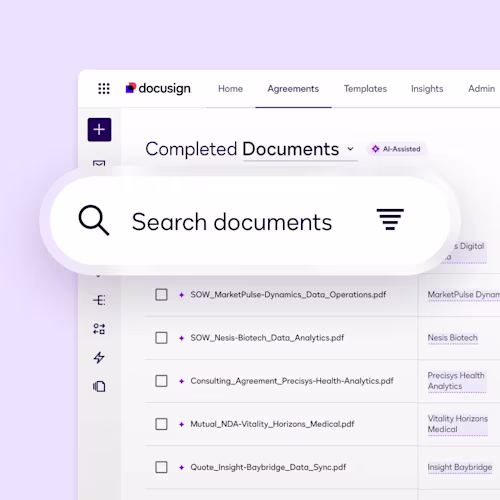 Docusign Agreement Manager user interface for the search tool
