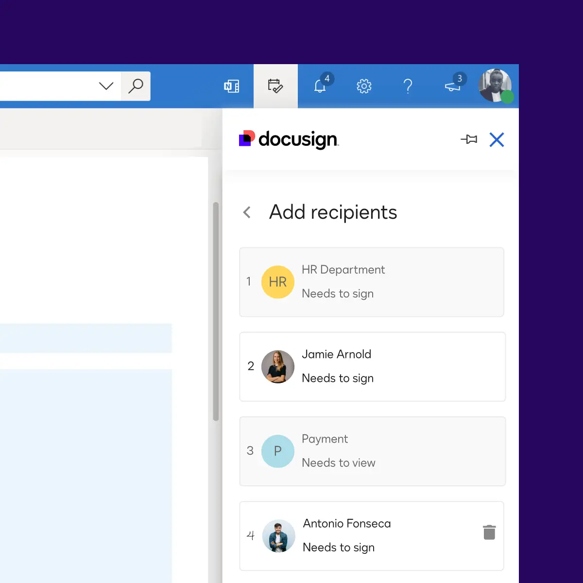 Capture d’écran de Microsoft pour Outlook intégré à DocuSign eSignature 
