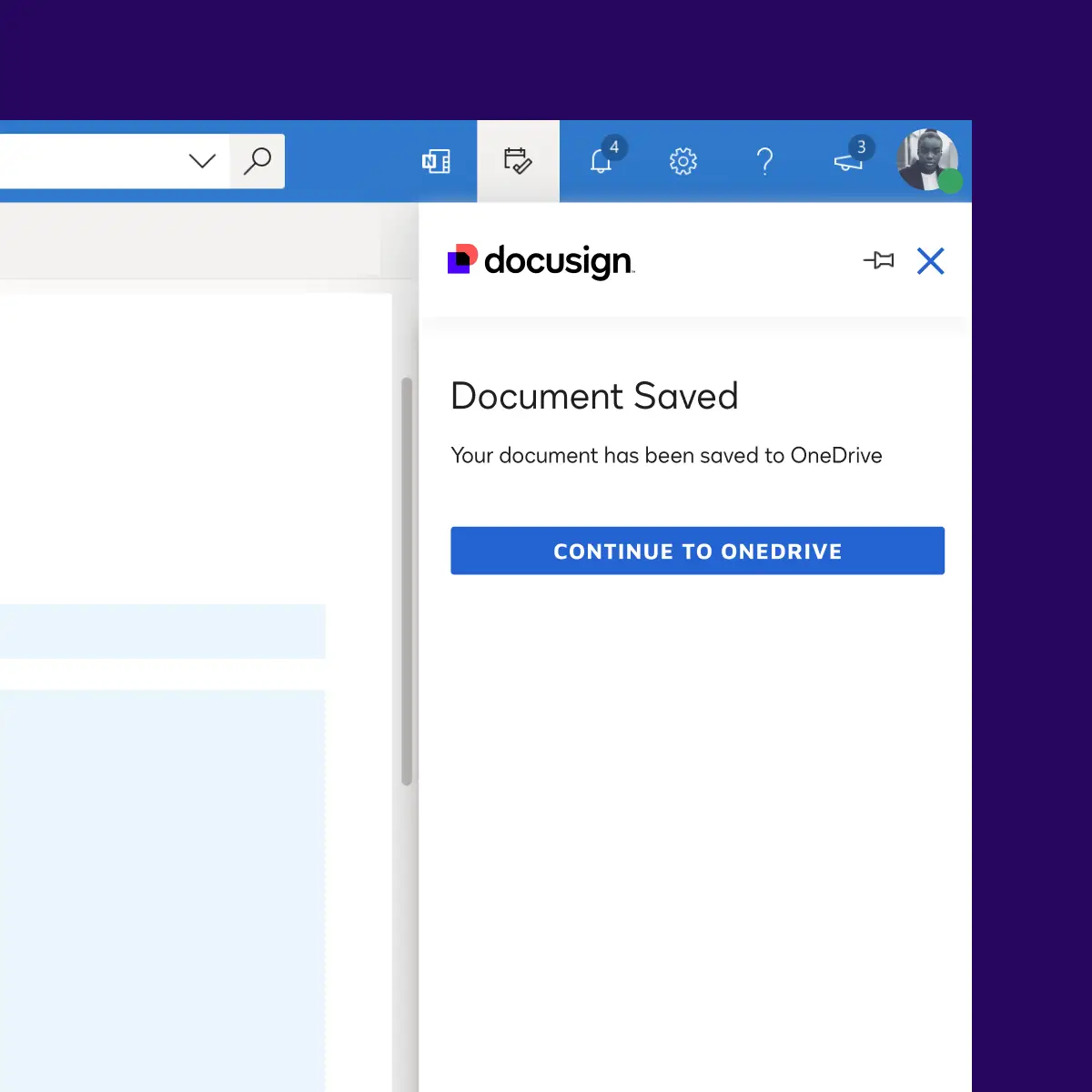 Capture d’écran de Microsoft pour Outlook intégré à DocuSign eSignature avec un document sauvegardé