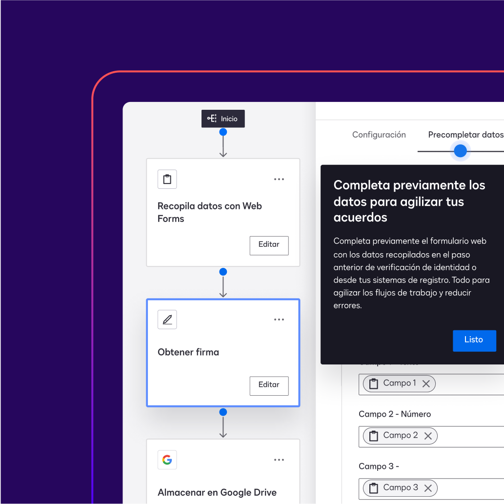 Una pantalla de Docusign Maestro pide al usuario que complete previamente los datos en Web Forms para agilizar los acuerdos.