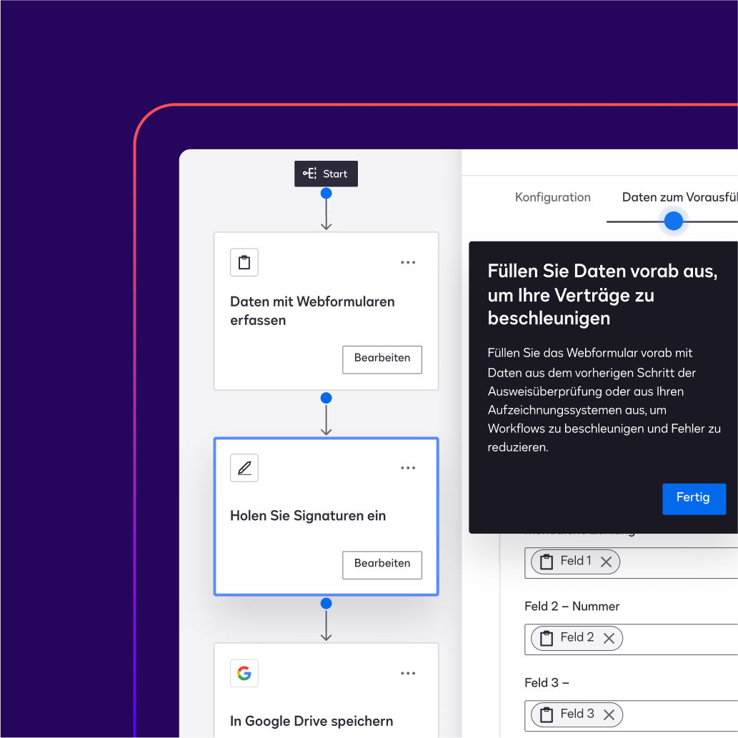 Ein Bildschirm in Docusign Maestro, auf dem ein Nutzer aufgefordert wird, Daten in einem Webformular vorab auszufüllen, um den Vertragsprozess zu beschleunigen