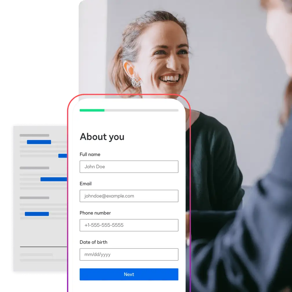 Two women having a conversation with an overlay of a service request form in Docusign Web Forms