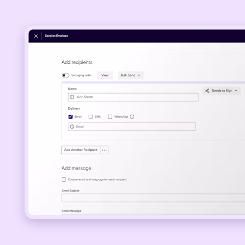 Form interface for adding recipients, featuring fields for name and delivery options. Validate contact info before you send and empower signers to stay safe and deliver with confidence.