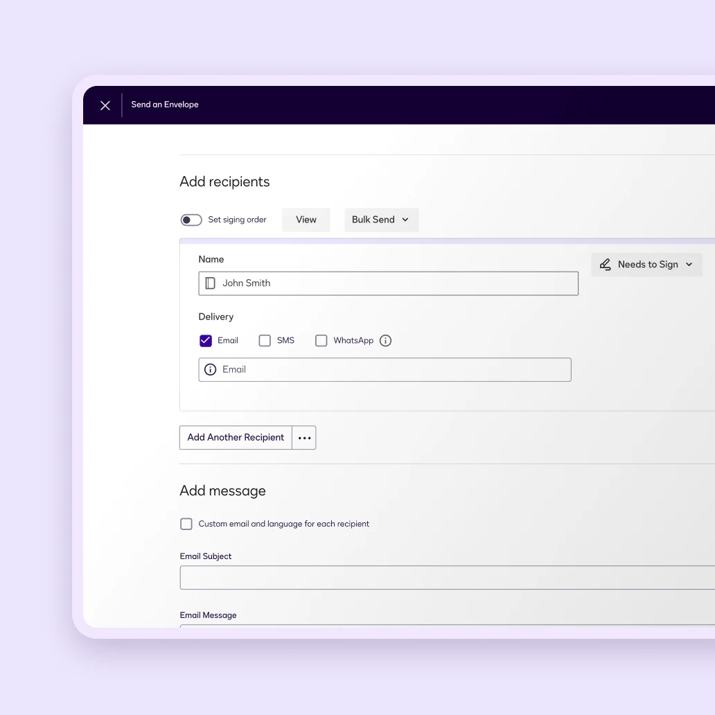 Form interface for adding recipients, featuring fields for name and delivery options. Validate contact info before you send and empower signers to stay safe and deliver with confidence.