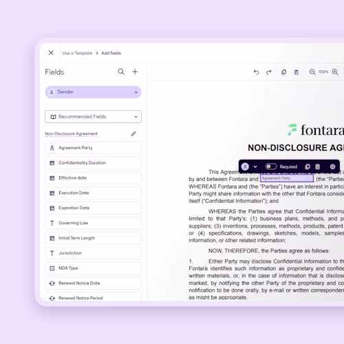 Document editing interface displaying a Non-Disclosure Agreement template. Set up documents faster, send with less effort.