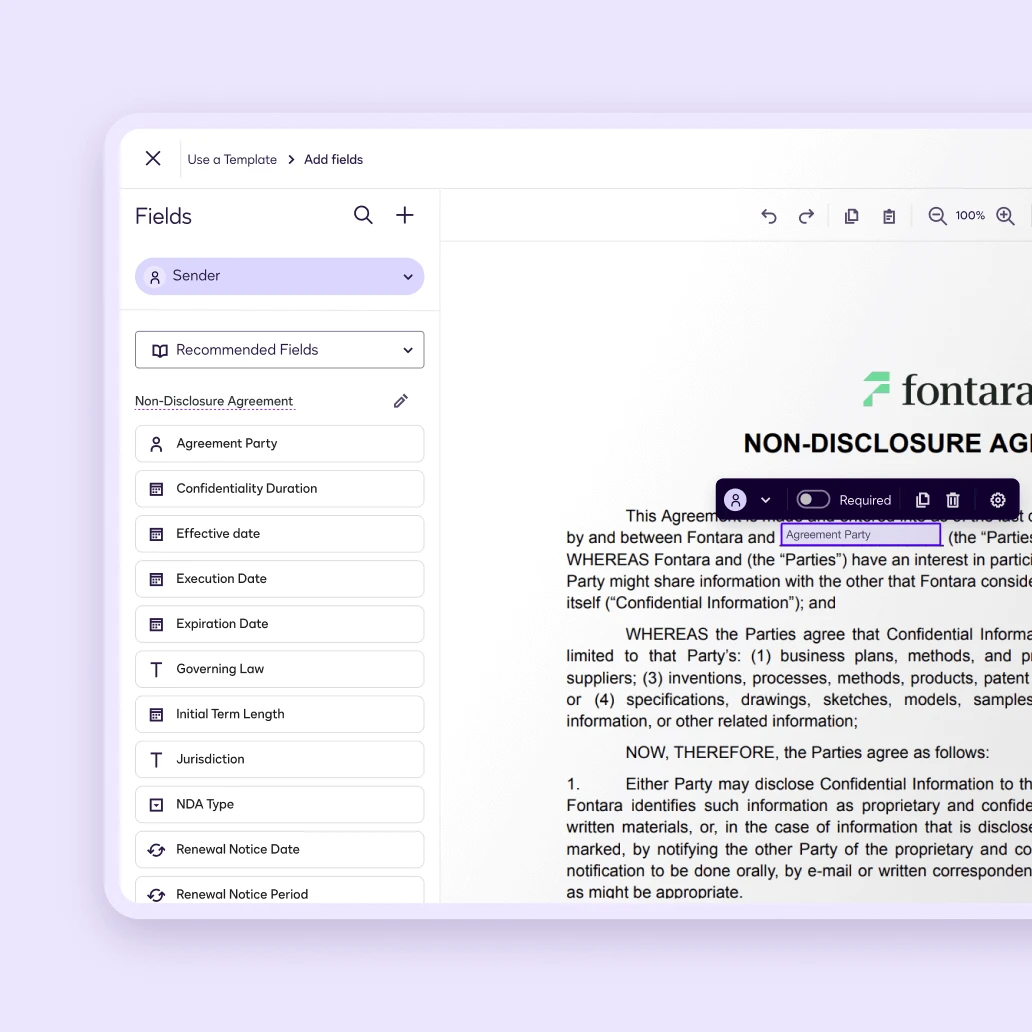Document editing interface displaying a Non-Disclosure Agreement template. Set up documents faster, send with less effort.
