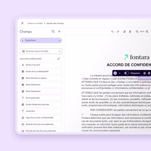 Interface de modification de document affichant un modèle d'accord de non-divulgation. Configurez les documents plus rapidement, envoyez avec moins d'effort.