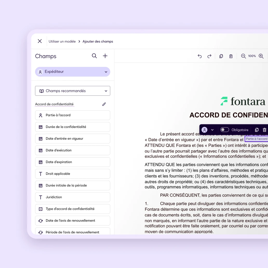 Interface de modification de document affichant un modèle d'accord de non-divulgation. Configurez les documents plus rapidement, envoyez avec moins d'effort.