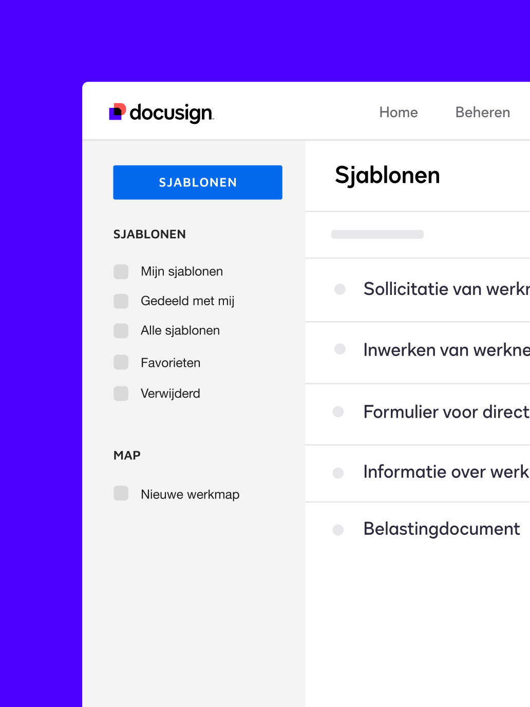 Het dashboard van sjablonen in Docusign eSignature is inclusief sjablonen voor een formulier voor automatische storting en een sollicitatieformulier voor medewerkers.