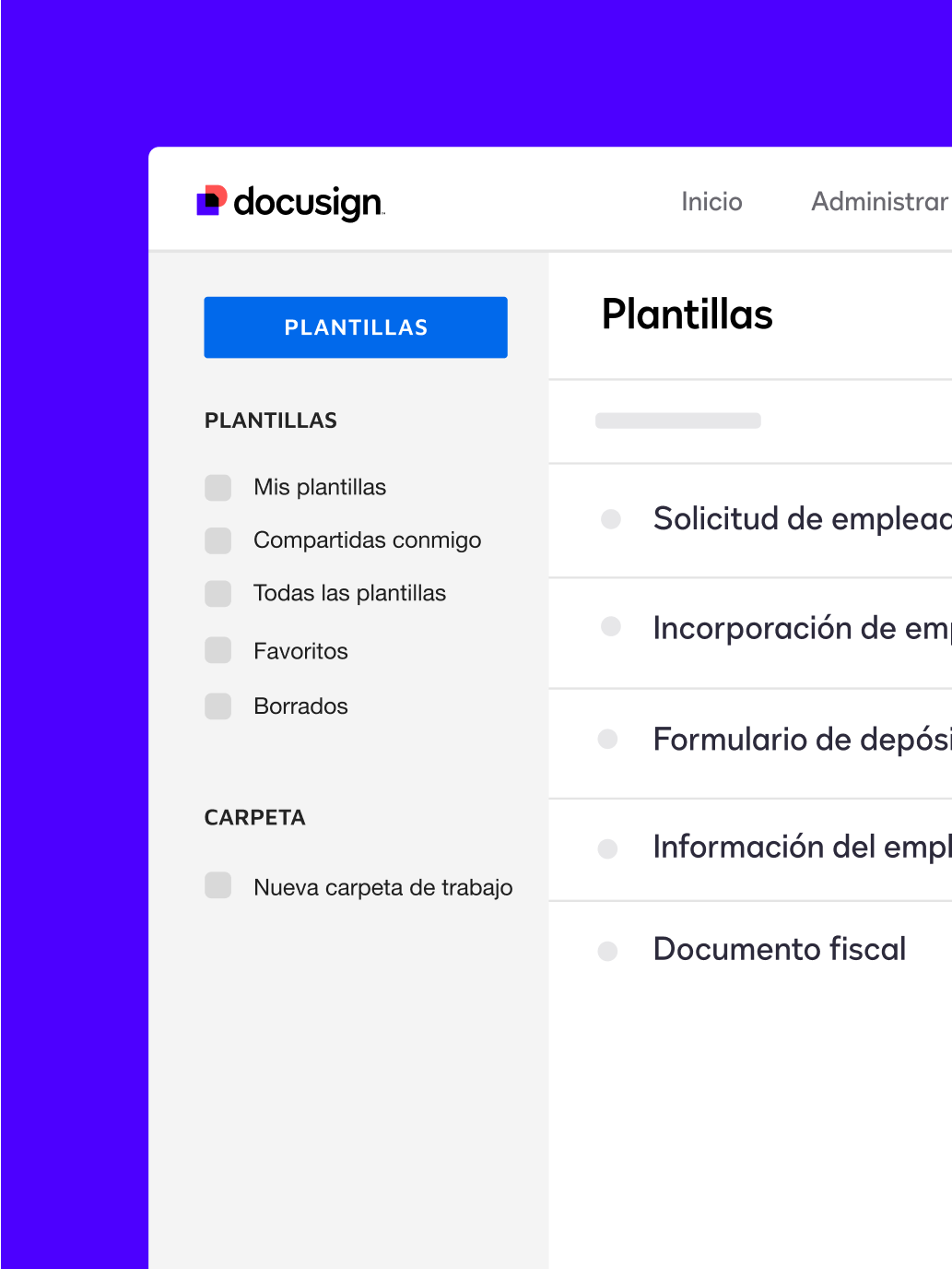 Un panel de plantillas en Docusign eSignature, incluidas plantillas para un formulario de depósito directo y un formulario de solicitud de empleado.