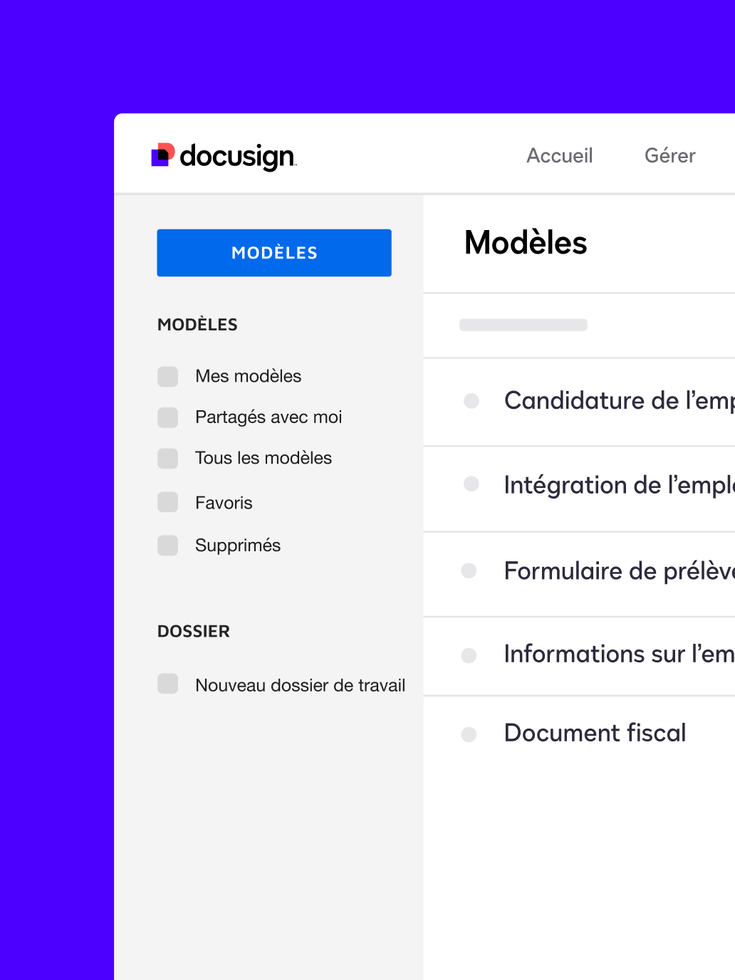 Un tableau de bord de modèles dans Docusign eSignature, y compris des modèles pour une autorisation de virement automatique et un formulaire de candidature.