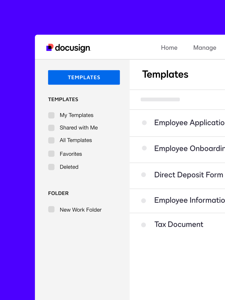 A dashboard of templates in Docusign eSignature, including templates for a direct deposit form and an employee application form.