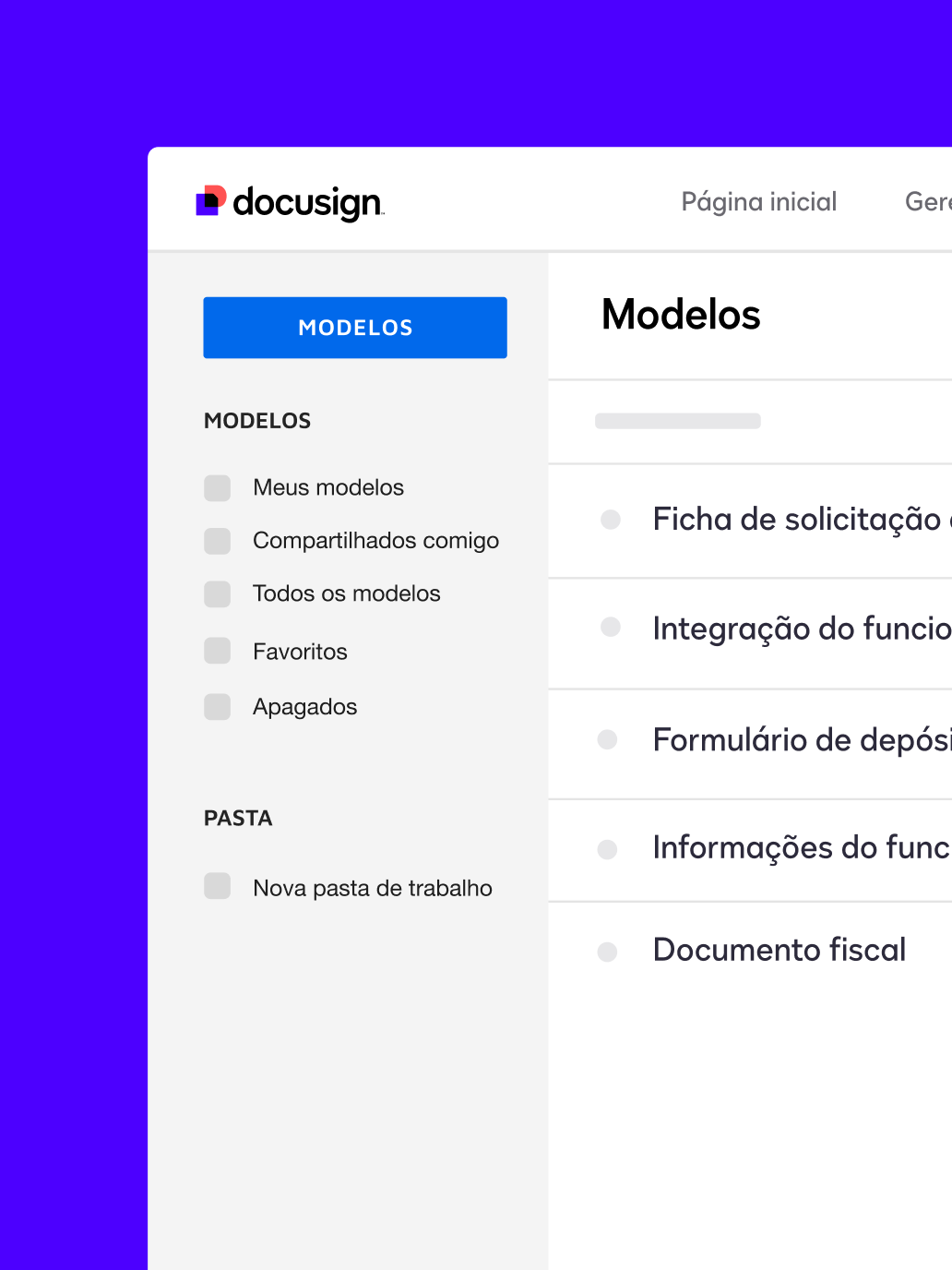 Painel de modelos no Docusign eSignature, incluindo modelos para um formulário de depósito direto e um formulário de candidatura de emprego.