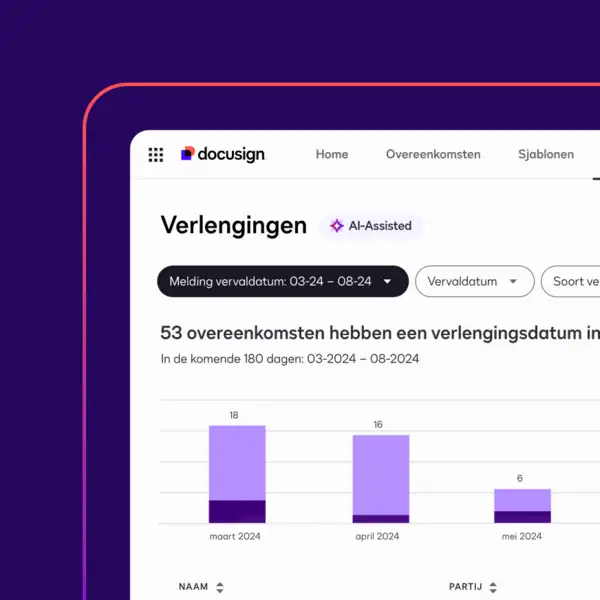 An AI-assisted renewals dashboard in Docusign Navigator shows a pie chart with agreements broken down by renewal type and a list of agreements.