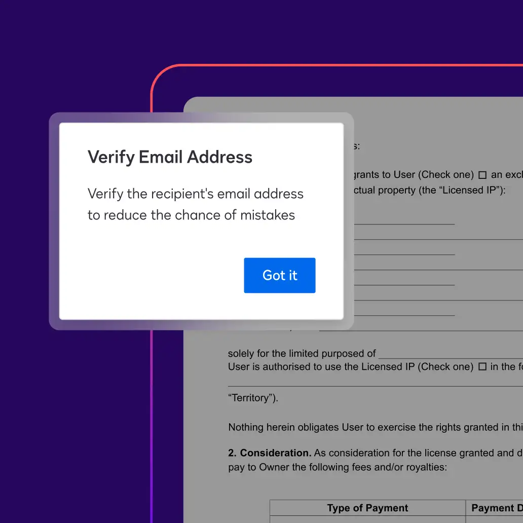 A notification in Data Verification prompts a user to verify a recipient's bank account to reduce the chance of mistakes.