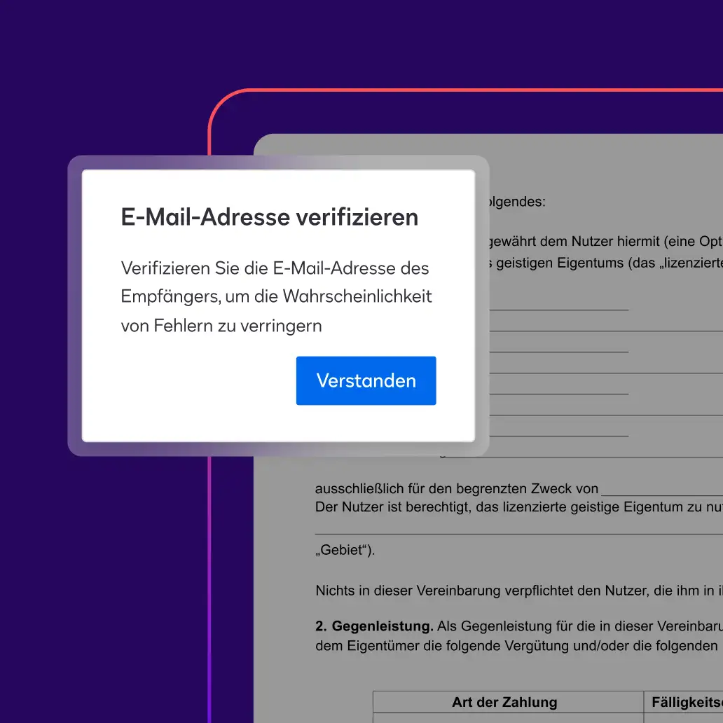 Eine Benachrichtigung bei der Datenverifizierung fordert Nutzerinnen und Nutzer auf, das Bankkonto eines Empfängers zu verifizieren, um mögliche Fehler zu reduzieren.