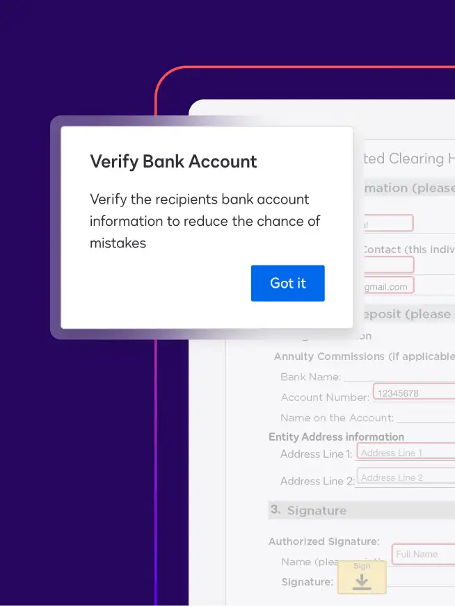 A notification in Data Verification prompts a user to verify a recipient's bank account to reduce the chance of mistakes.