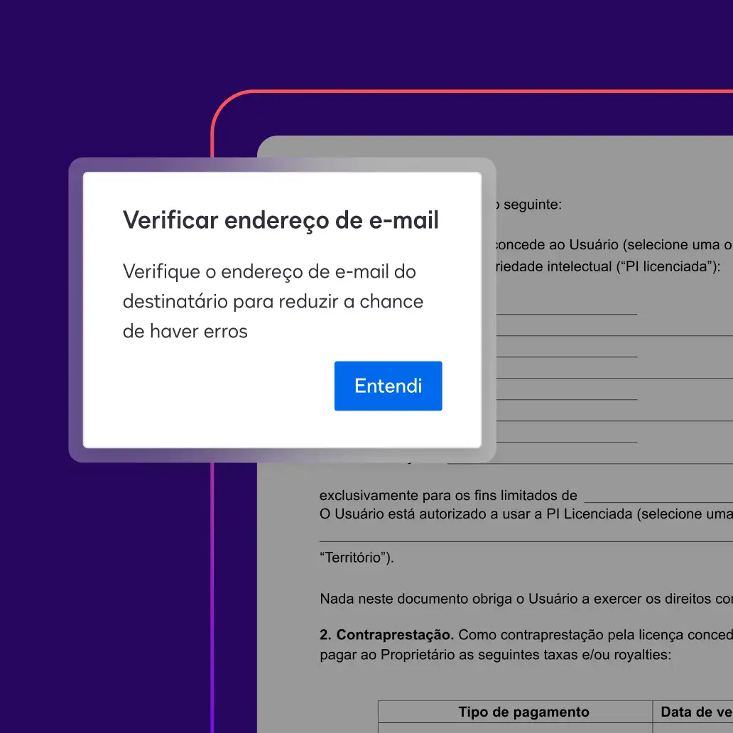 Uma notificação na Verificação de Dados solicita que o usuário verifique a conta bancária de um destinatário para reduzir a chance de erros.
