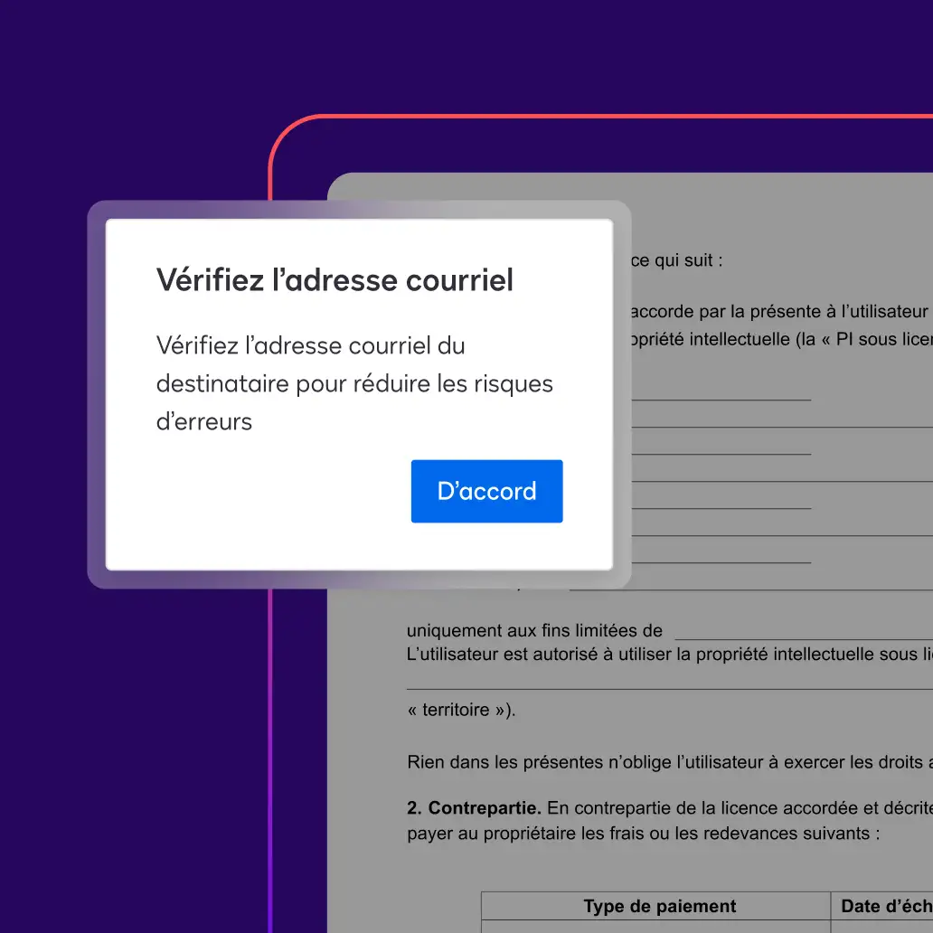 Une notification de vérification des données invite l'utilisateur à vérifier le compte bancaire du destinataire afin de réduire les risques d'erreur.