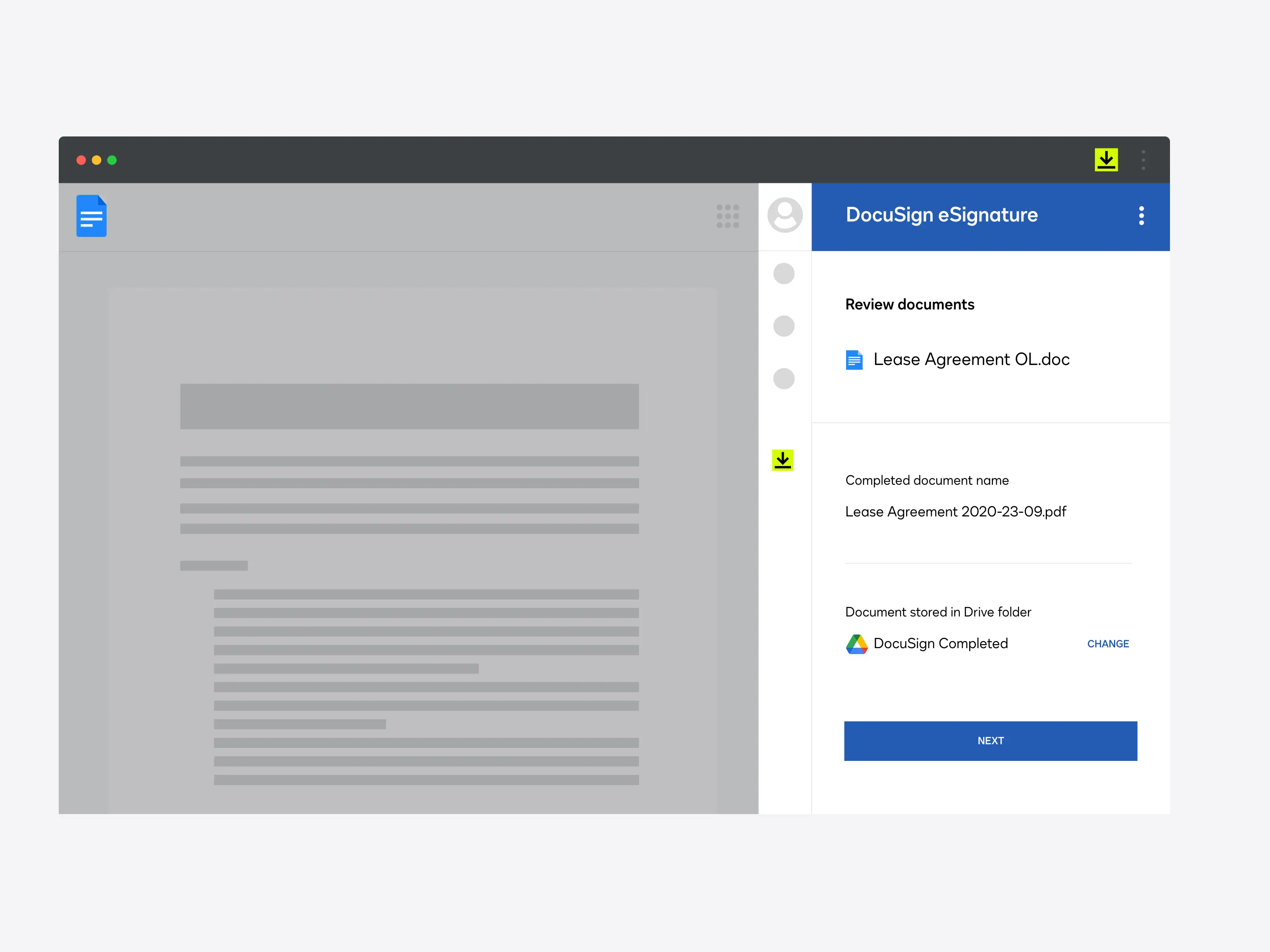 Google Drive screen with DocuSign eSignature.