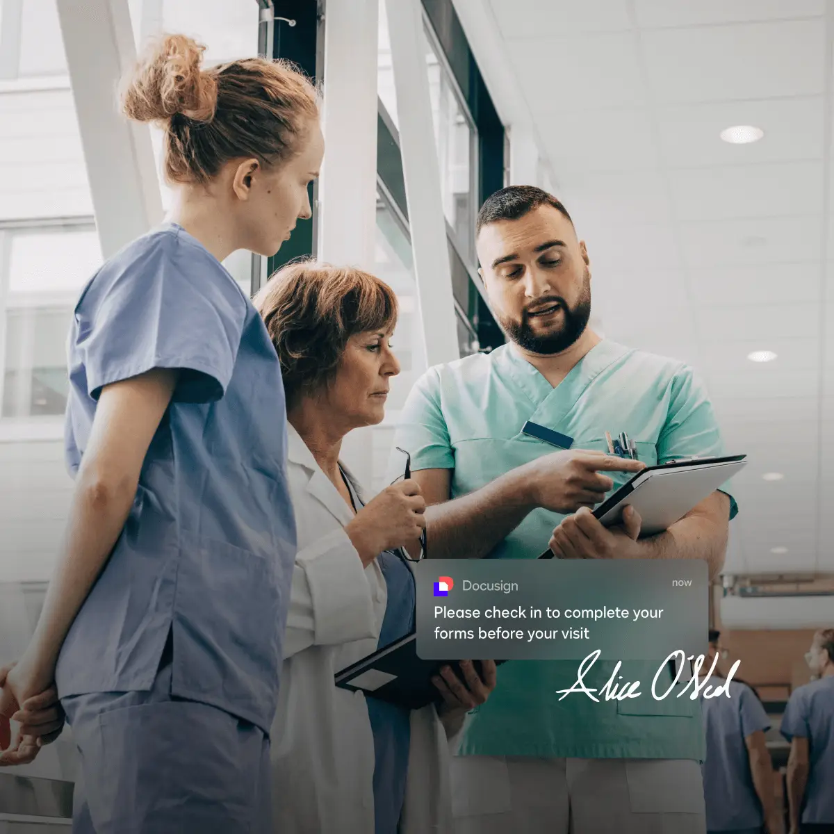 A notification in DocuSign prompts a patient to complete forms before their visit
